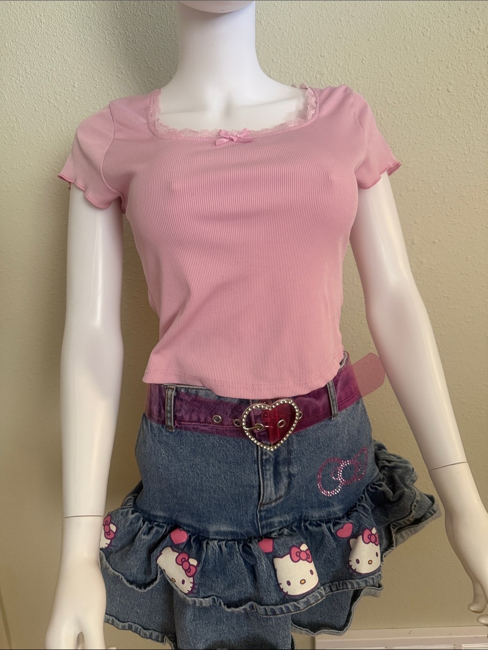 Pink Ribbed Lace Trim Crop Top